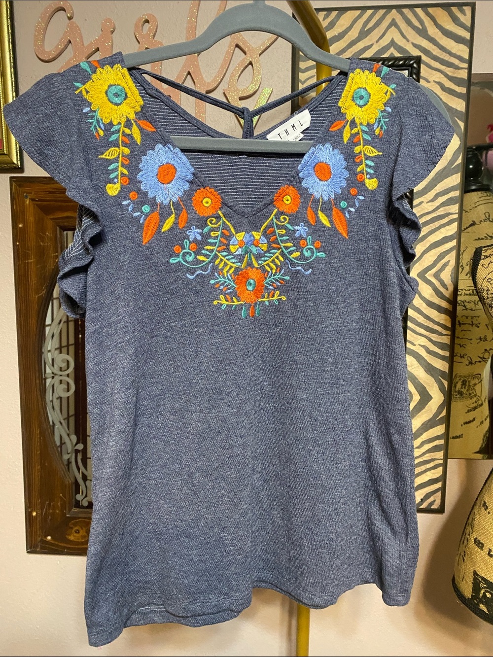 THML Embroidered Floral Ruffle Top